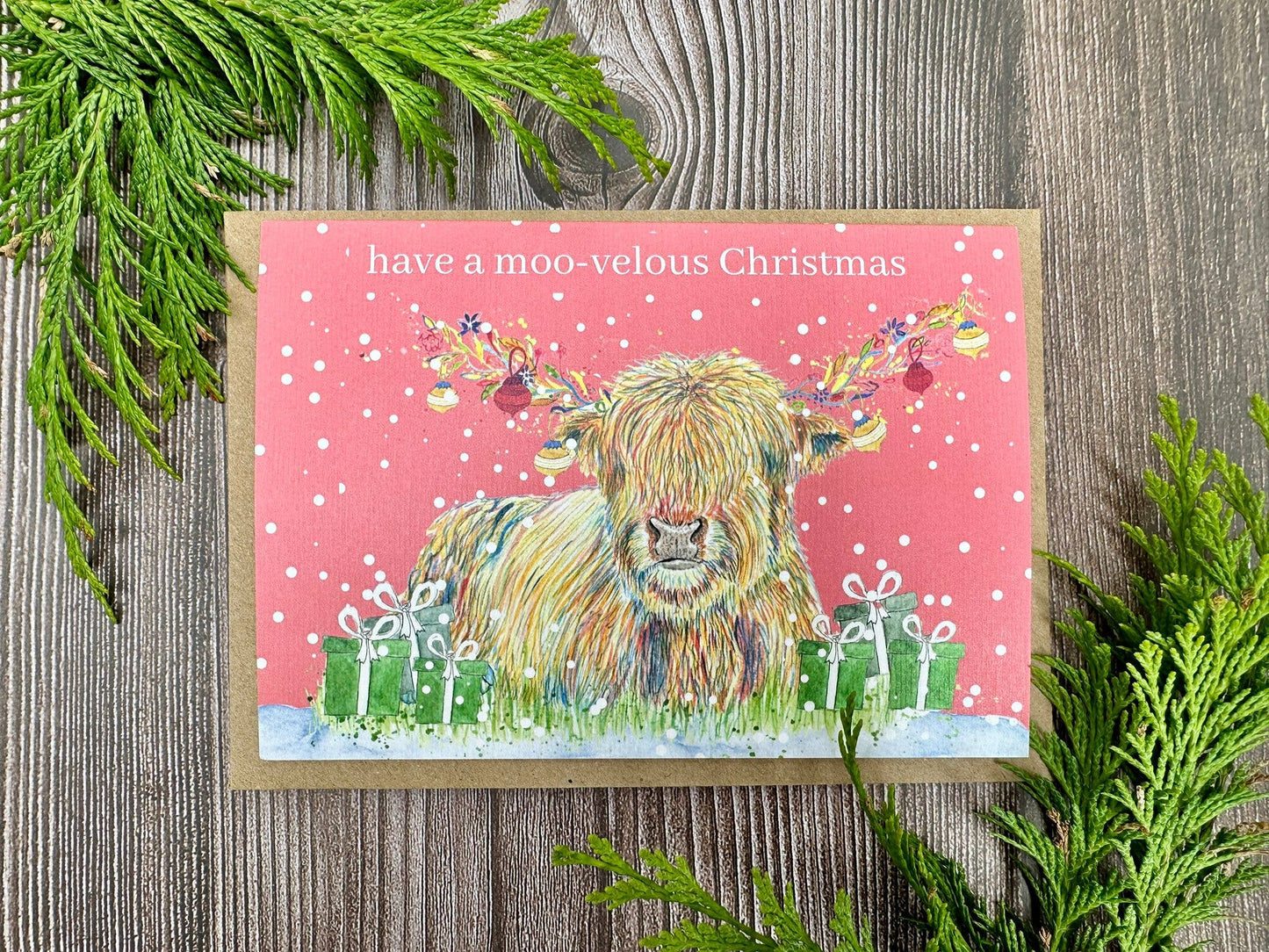 Christmas Highland Cow Eco Friendly Art Card Colourful Funny
