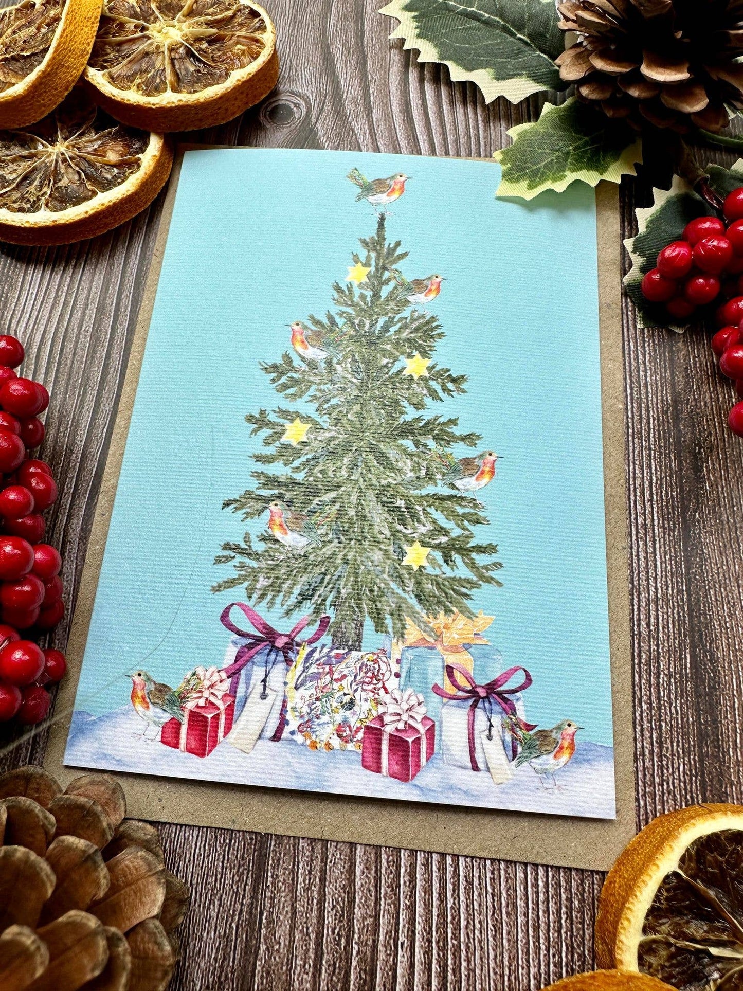 Robin Christmas Tree  Eco Friendly Art Card cute colourful