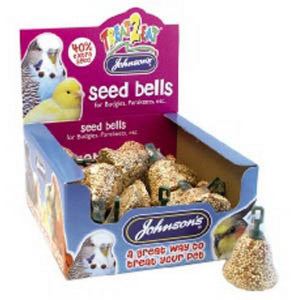Box of Johnson's seed bells for birds with a purple and blue design.