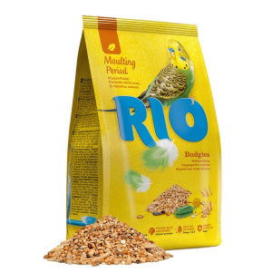 Bag of RIO bird food for budgies with a yellow background