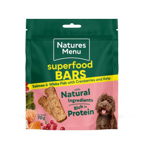 Natures Menu superfood bars packaging with green and pink design on a white background
