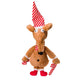 Plush reindeer toy with a red and white striped hat on a white background