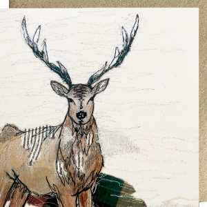 Illustration of a deer on a textured card with a brown border