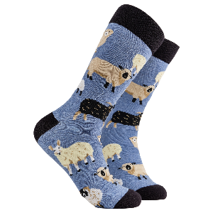 Blue socks with sheep pattern on a white background