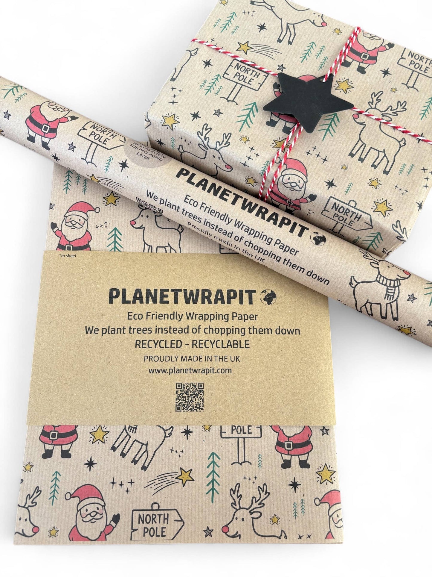 PlanetWrapIt - Rudolph and Santa Recycled Eco Kraft Gift Wrapping Paper