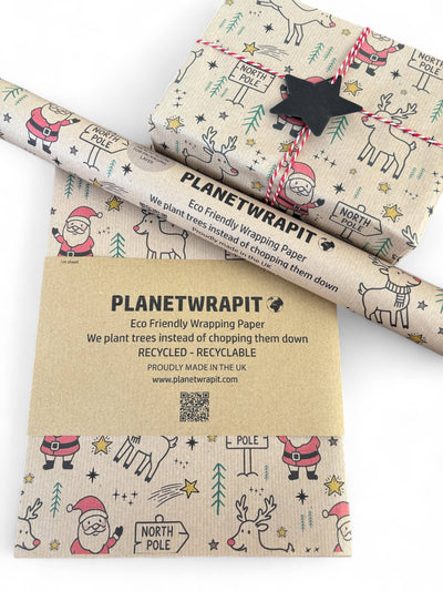 PlanetWrapIt - Rudolph and Santa Recycled Eco Kraft Gift Wrapping Paper