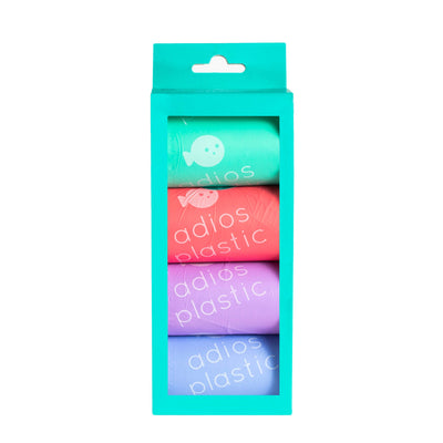 Adios Plastic - Compostable Dog Poo Bags - 4 Rolls in Rainbow (60 Bags)