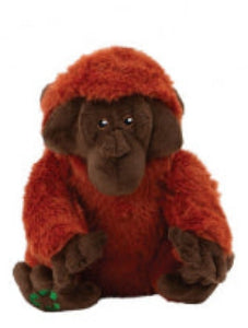 Plush monkey toy wearing an orange sweater on a white background