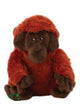 Plush monkey toy wearing an orange sweater on a white background