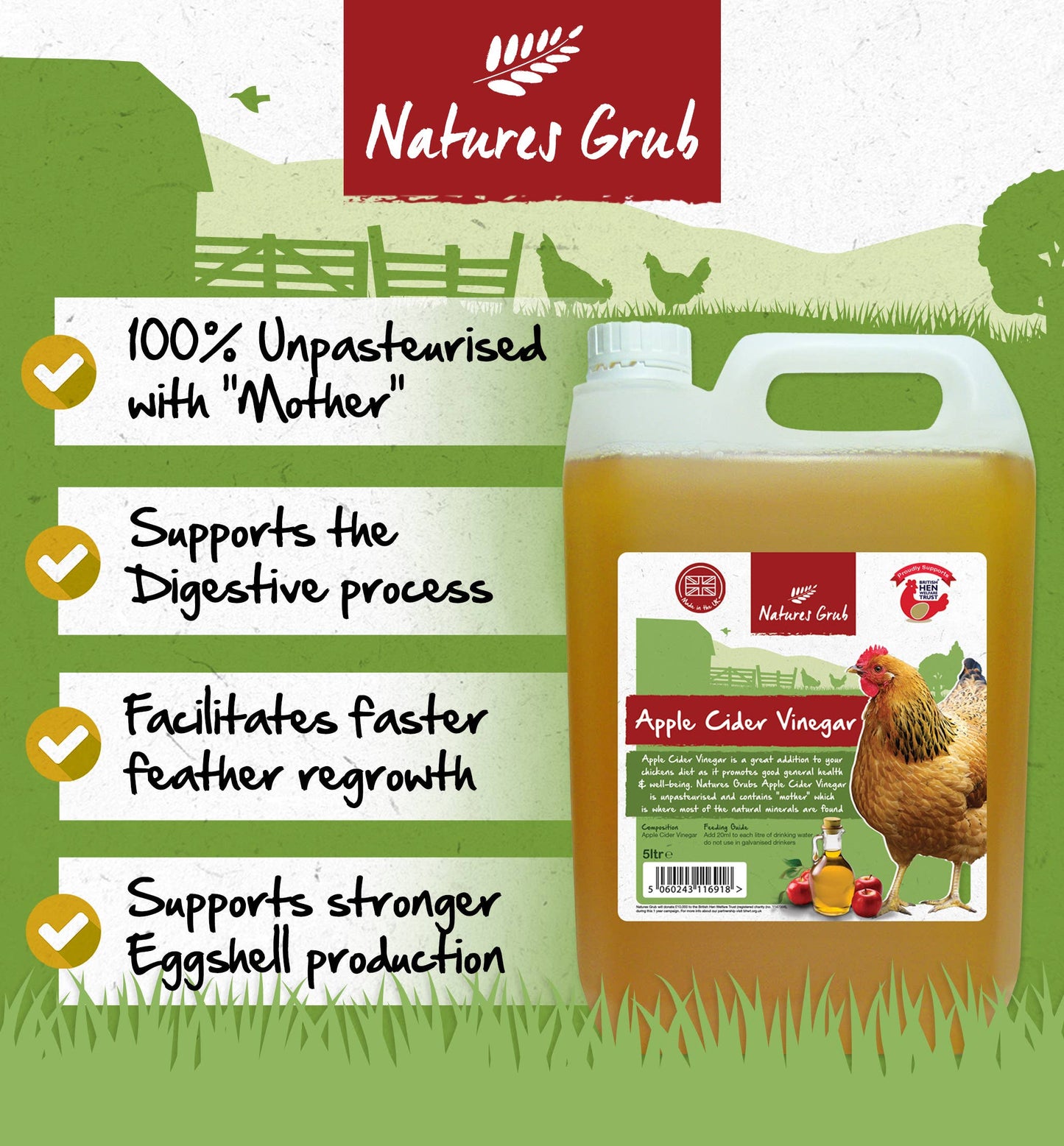 Natures Grub Apple Cider Vinegar for Chickens & Poultry 1ltr