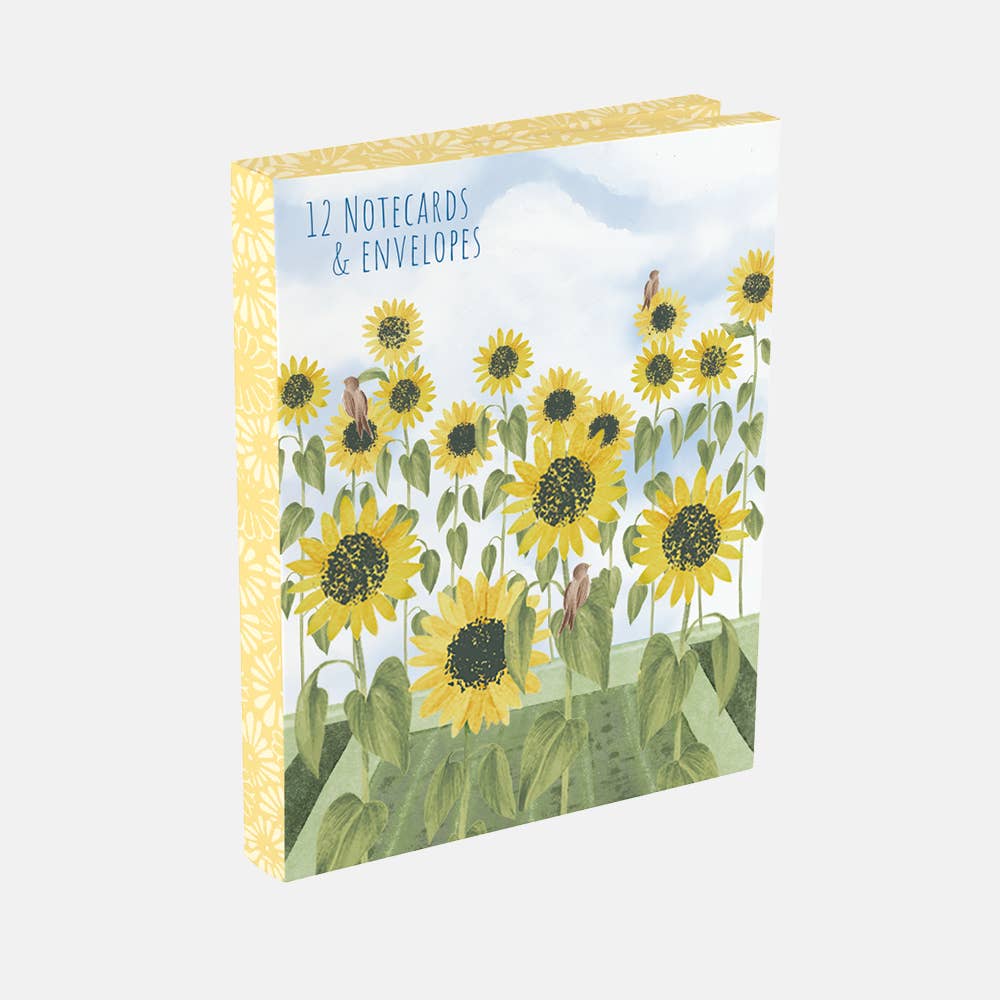 Pack of 12 notecards and envelopes with sunflower design on a white background