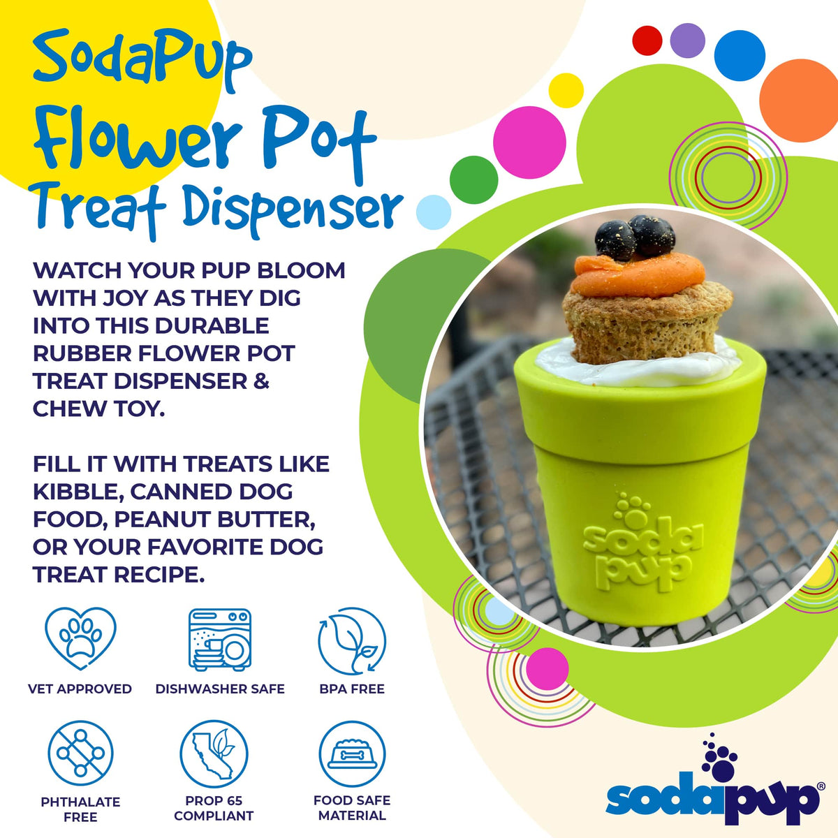 Flower Pot Durable Rubber Treat Dispenser & Enrichment: Green