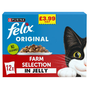 Box of Purina Felix Original Farm Selection in Jelly cat food with a cat on the packaging.
