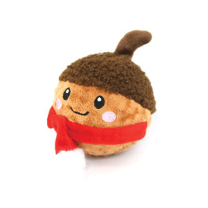 Plush toy resembling a acorn with a brown cap and red scarf on a white background