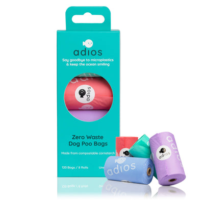 Adios Plastic - Compostable Dog Poo Bags - 8 Rolls in Rainbow (120 Bags)