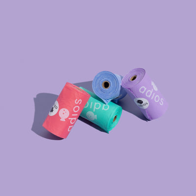 Adios Plastic - Compostable Dog Poo Bags - 8 Rolls in Rainbow (120 Bags)