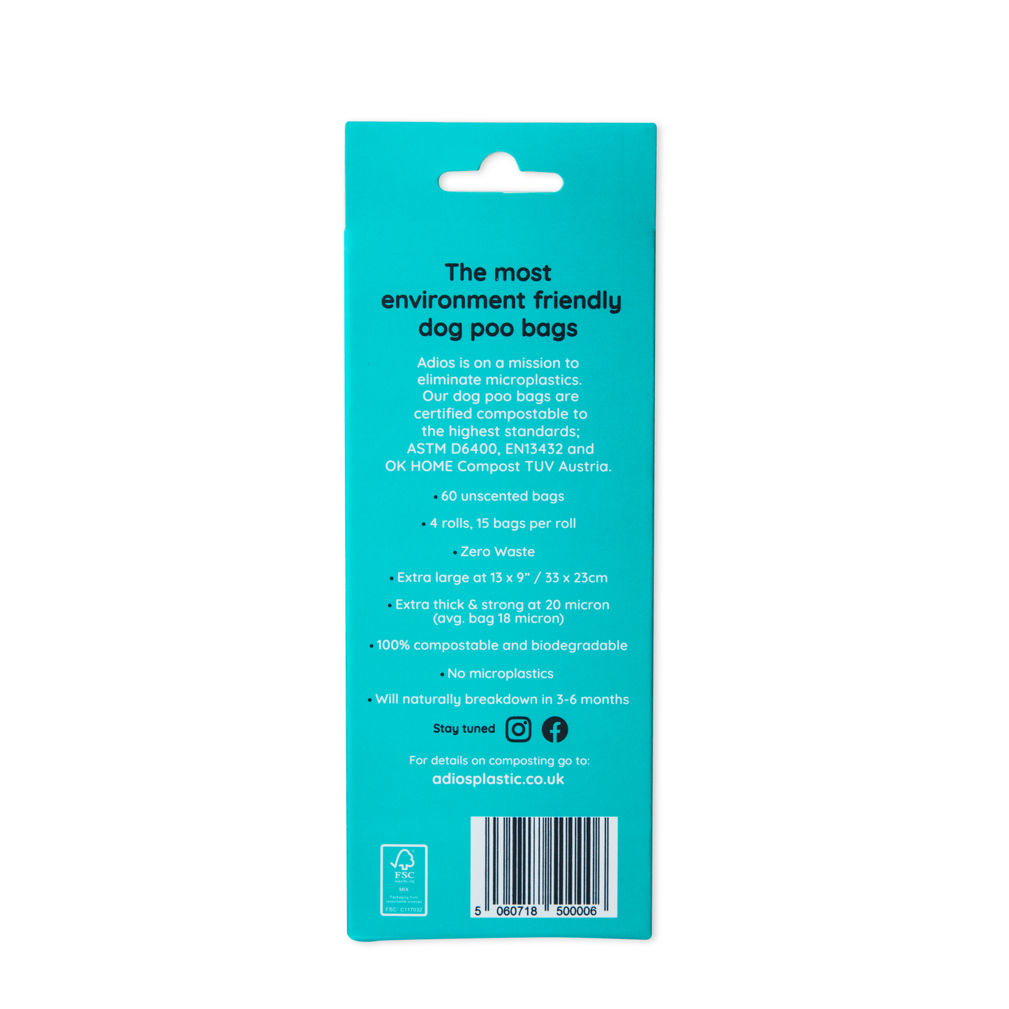 Adios Plastic - Compostable Dog Poo Bags - 4 Rolls in Rainbow (60 Bags)
