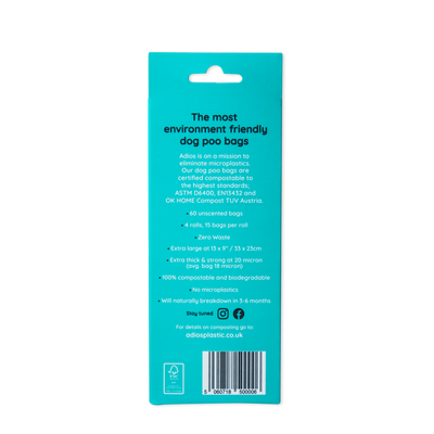 Adios Plastic - Compostable Dog Poo Bags - 4 Rolls in Pink (60 Bags)
