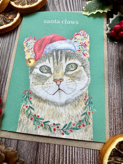 Santa Paws Cat Christmas Eco Friendly Art Card cute blank
