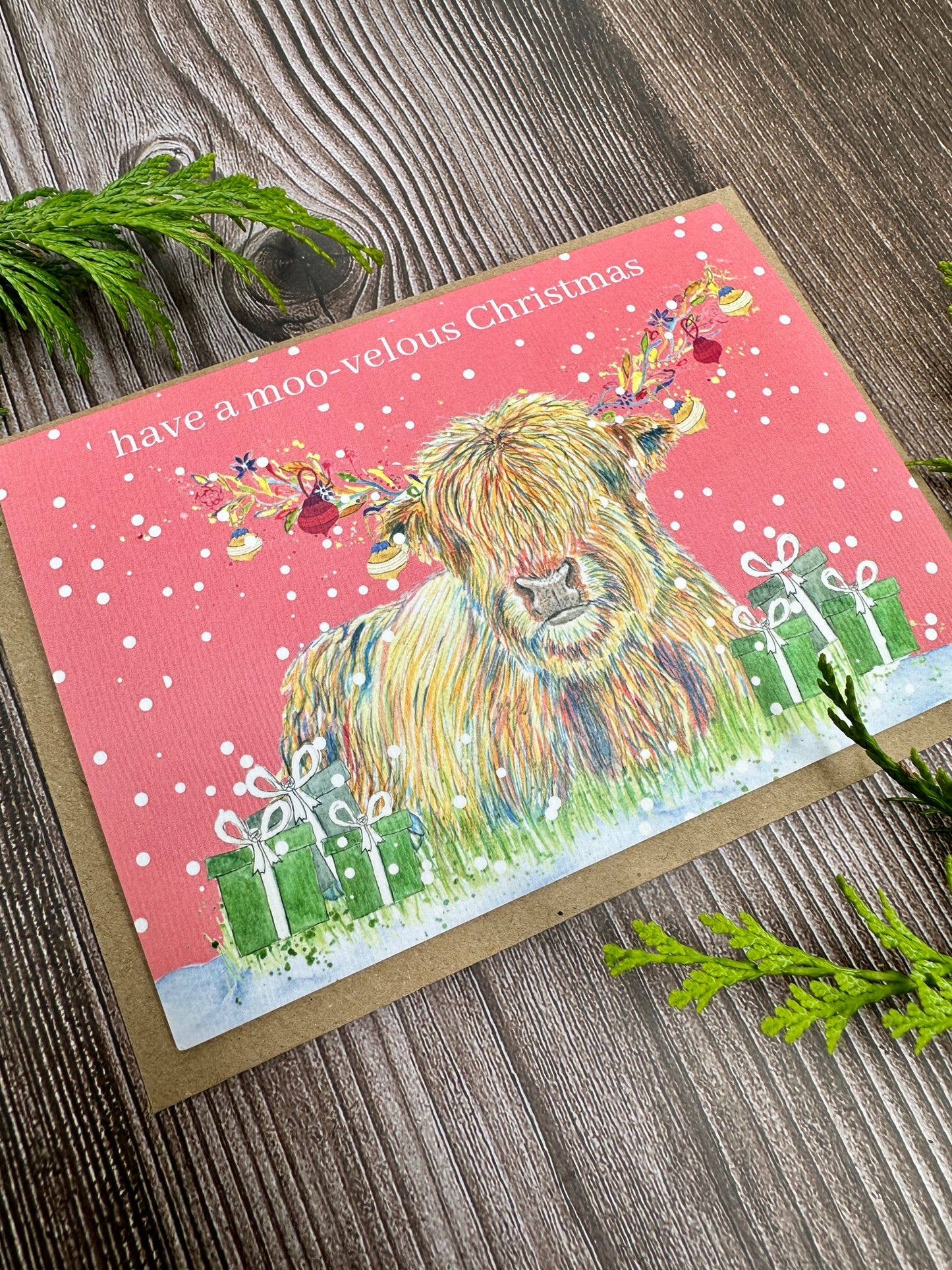 Christmas Highland Cow Eco Friendly Art Card Colourful Funny