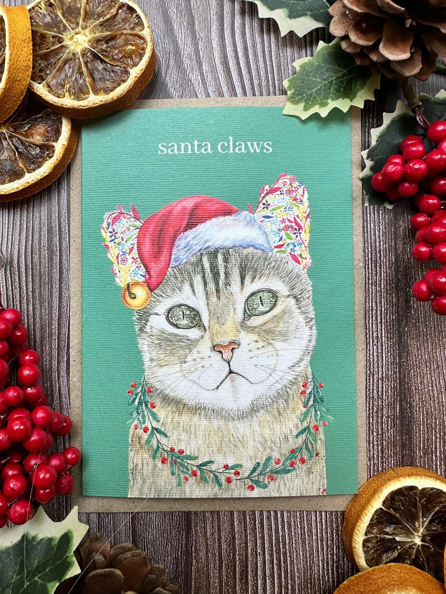 Santa Paws Cat Christmas Eco Friendly Art Card cute blank