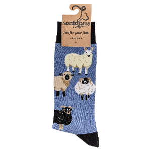 Blue sock with sheep design on a white background