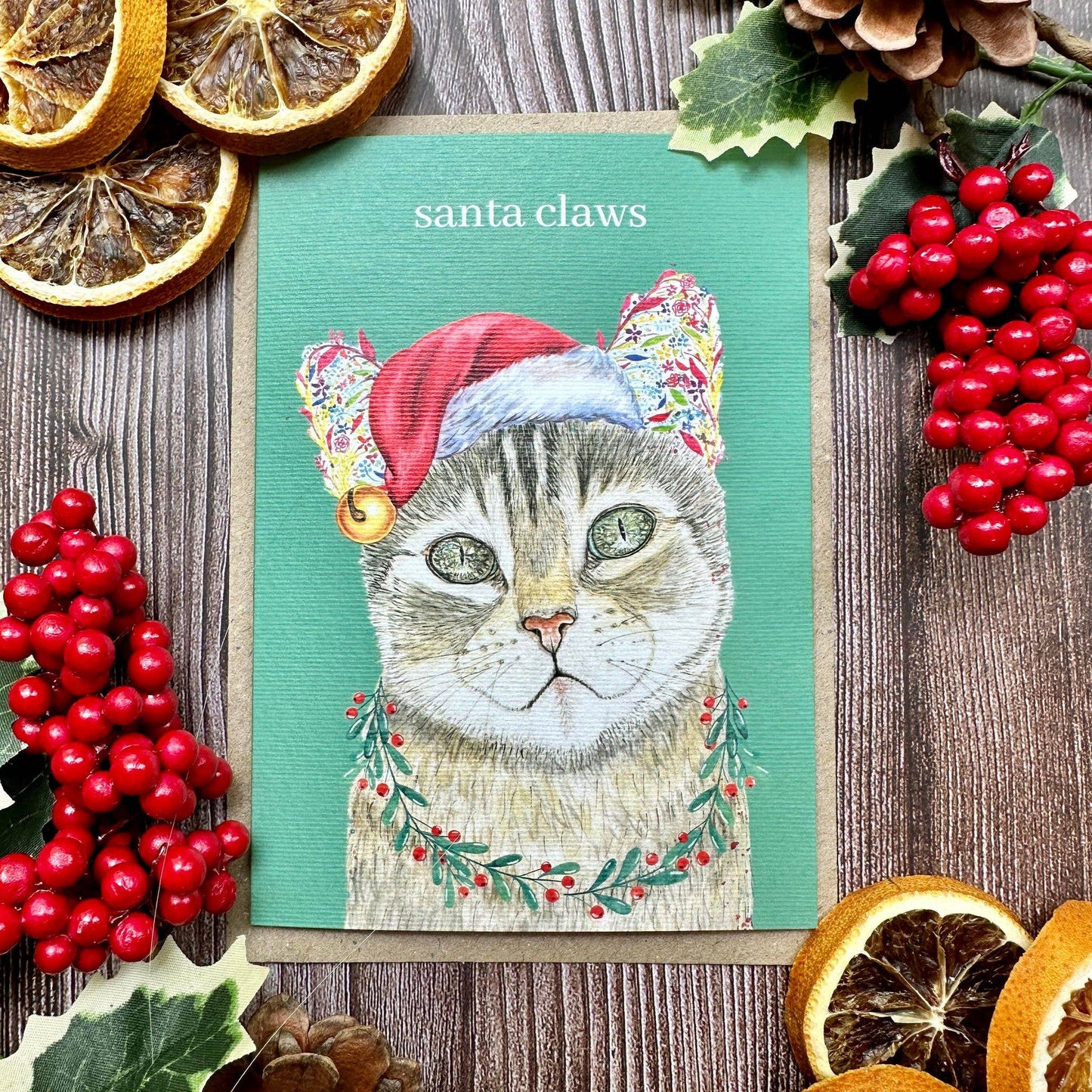 Santa Paws Cat Christmas Eco Friendly Art Card cute blank