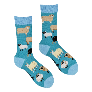 Pair of socks with sheep pattern on a blue background