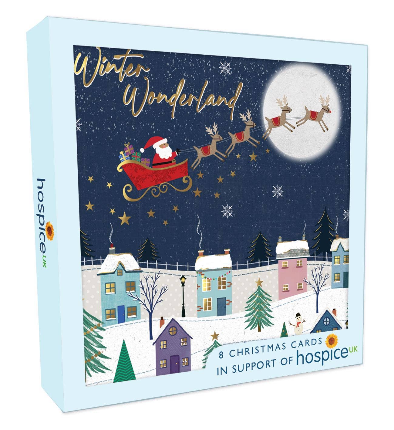 SantaFlyingOverHouses- Christmas Card -Hospice-Second Nature