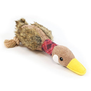 Dog toy shaped like a duck with plaid pattern on a white background
