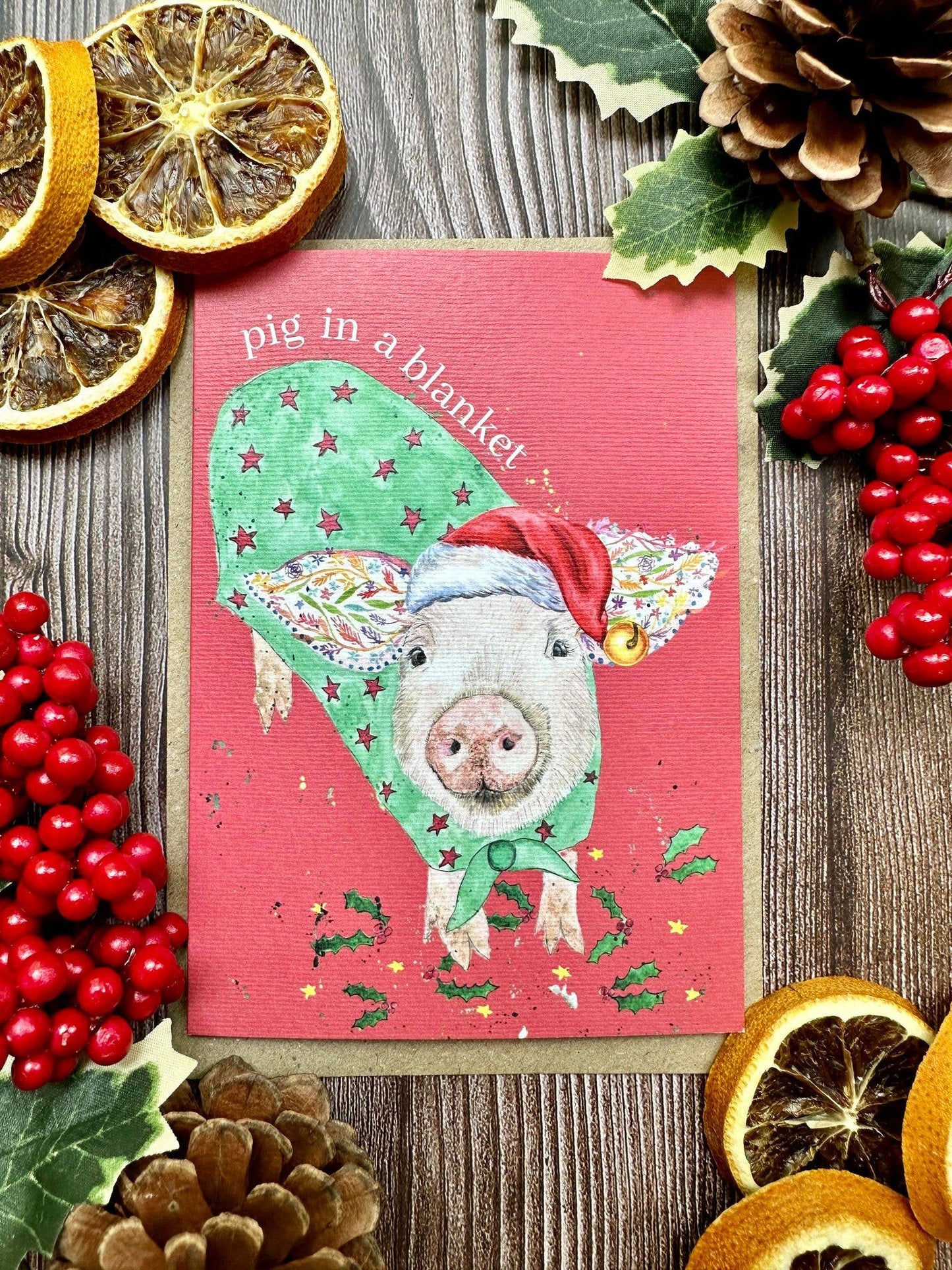Pig in a blanket Christmas Eco Friendly Art Card cute blank