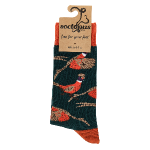 Sock with pheasant design on a white background, featuring a 'sectopus' brand label.