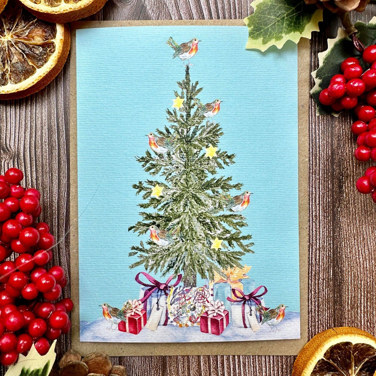 Robin Christmas Tree  Eco Friendly Art Card cute colourful