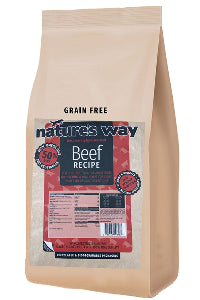 Nature's Way grain-free beef recipe dog food package on a white background